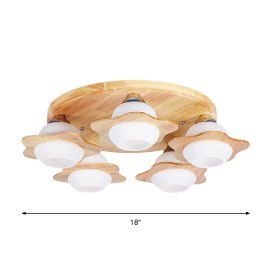 Semi Mount Wood Floral Flushmount Lighting With Beige Milk Glass Shade - Modern 3/5 Lights