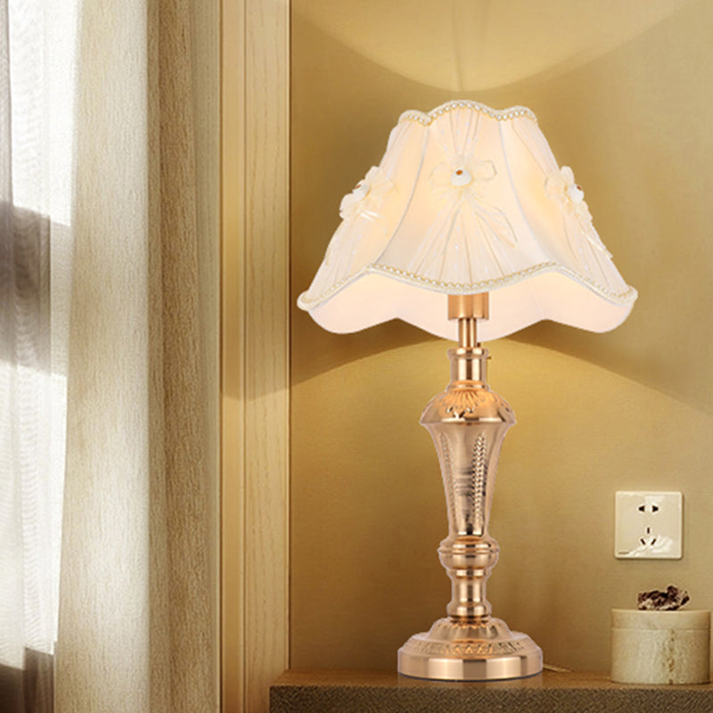 Traditional Bedside Desk Light With Floral/Conical Design Single Head Gold Night Table Lamp / B