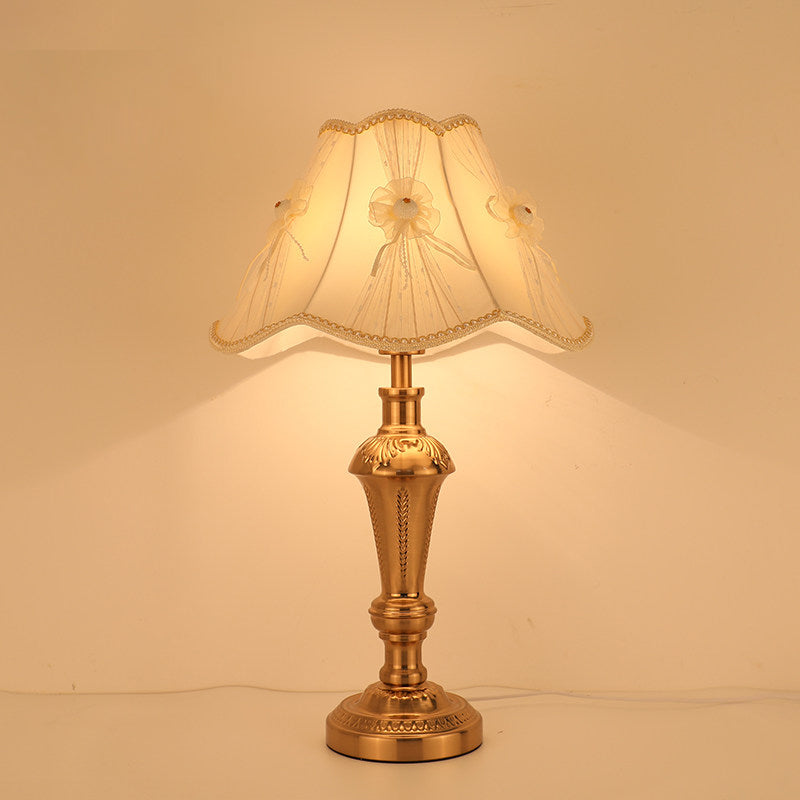 Traditional Bedside Desk Light With Floral/Conical Design Single Head Gold Night Table Lamp