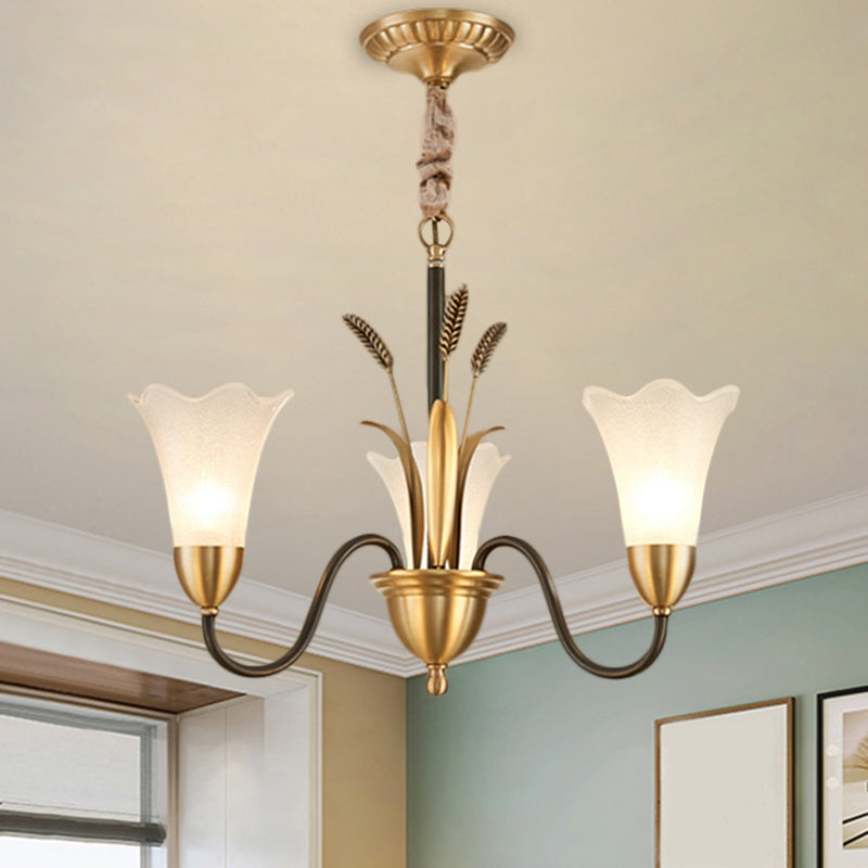 Traditional Blossom Chandelier Lamp - Cream Glass Suspension Lighting Fixture With Curved Arm In