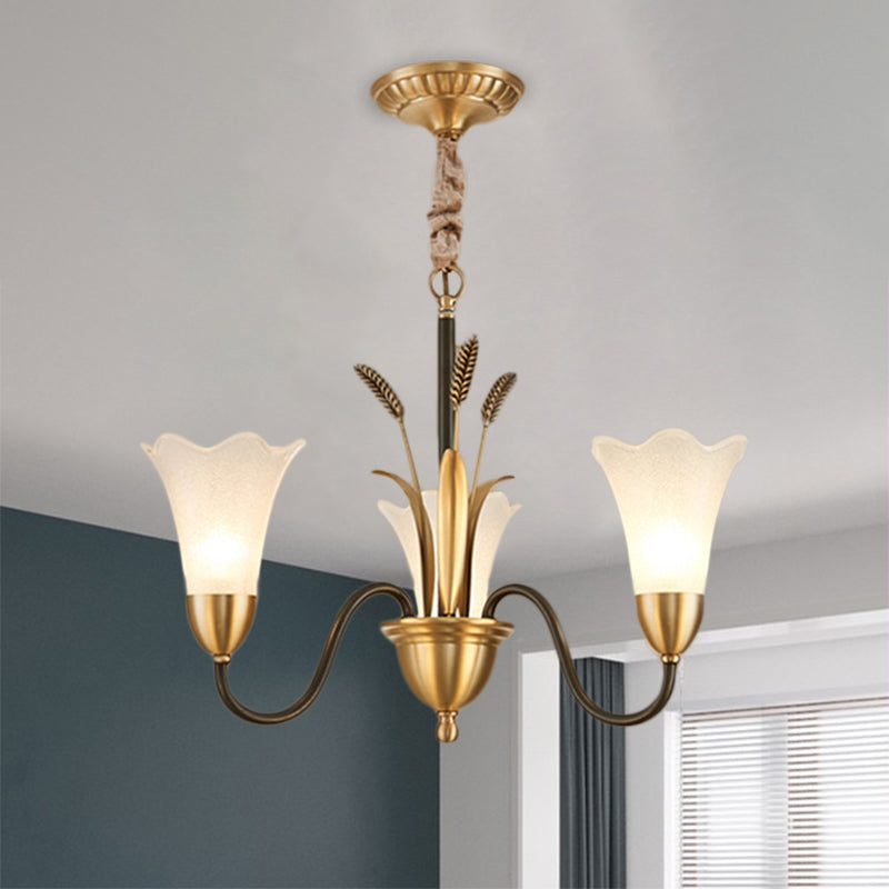 Traditional Blossom Chandelier Lamp - Cream Glass Suspension Lighting Fixture With Curved Arm In