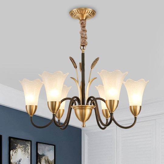 Traditional Blossom Chandelier Lamp - Cream Glass Suspension Lighting Fixture With Curved Arm In