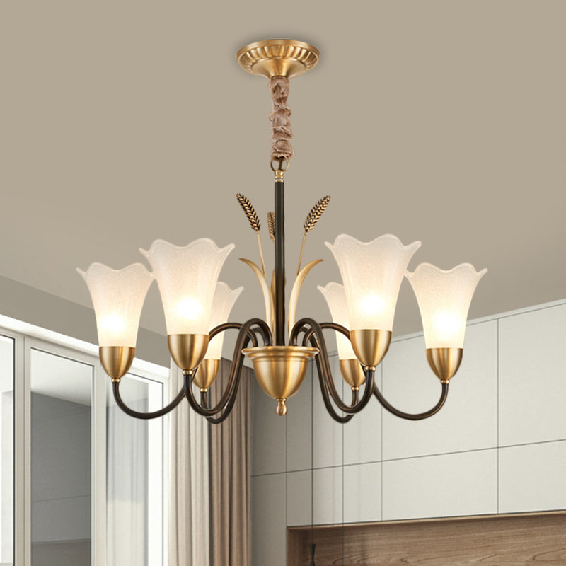 Traditional Blossom Chandelier Lamp - Cream Glass Suspension Lighting Fixture With Curved Arm In