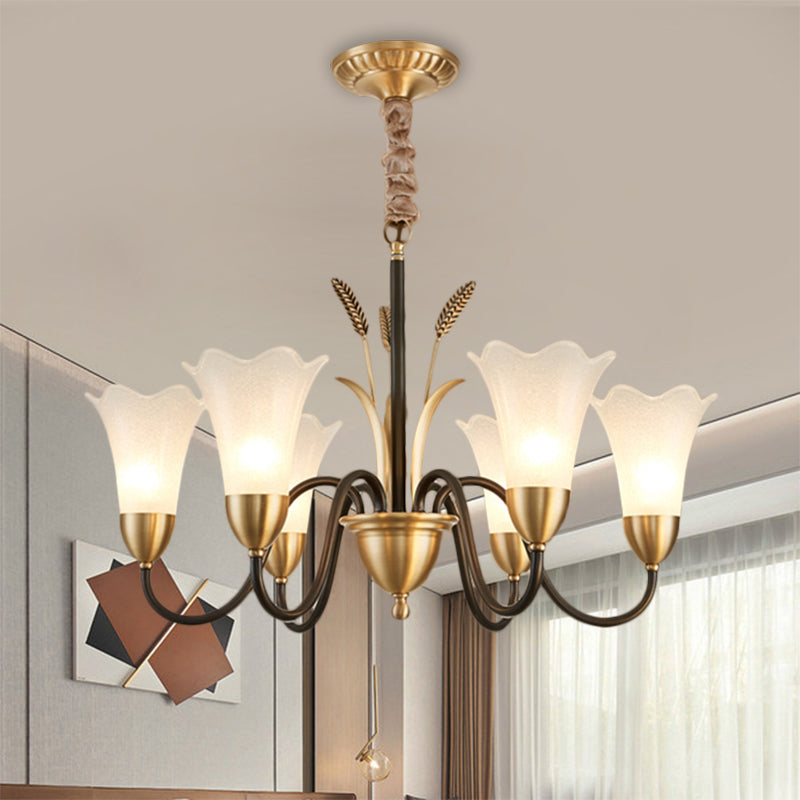 Traditional Blossom Chandelier Lamp - Cream Glass Suspension Lighting Fixture With Curved Arm In