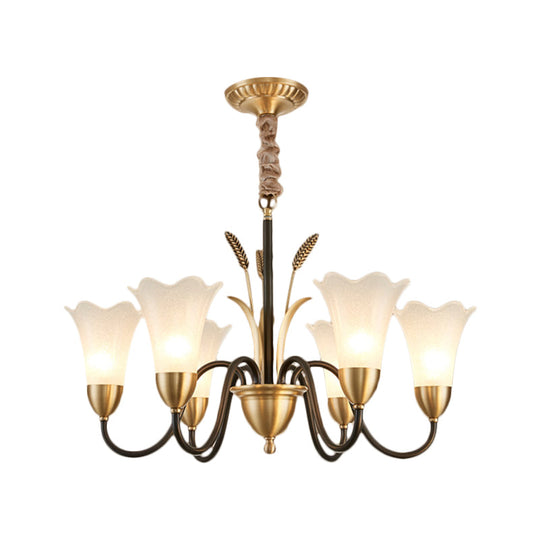 Traditional Blossom Chandelier Lamp - Cream Glass Suspension Lighting Fixture With Curved Arm In