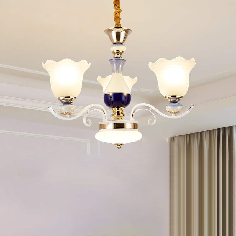 Bloom Pendant Chandelier - Antiqued Frosted Glass White Suspension Lamp With Curvy Arms 3/6 Lights 3