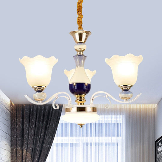 Bloom Pendant Chandelier - Antiqued Frosted Glass White Suspension Lamp With Curvy Arms 3/6 Lights