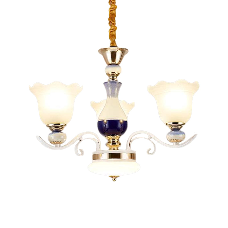 Bloom Pendant Chandelier - Antiqued Frosted Glass White Suspension Lamp With Curvy Arms 3/6 Lights