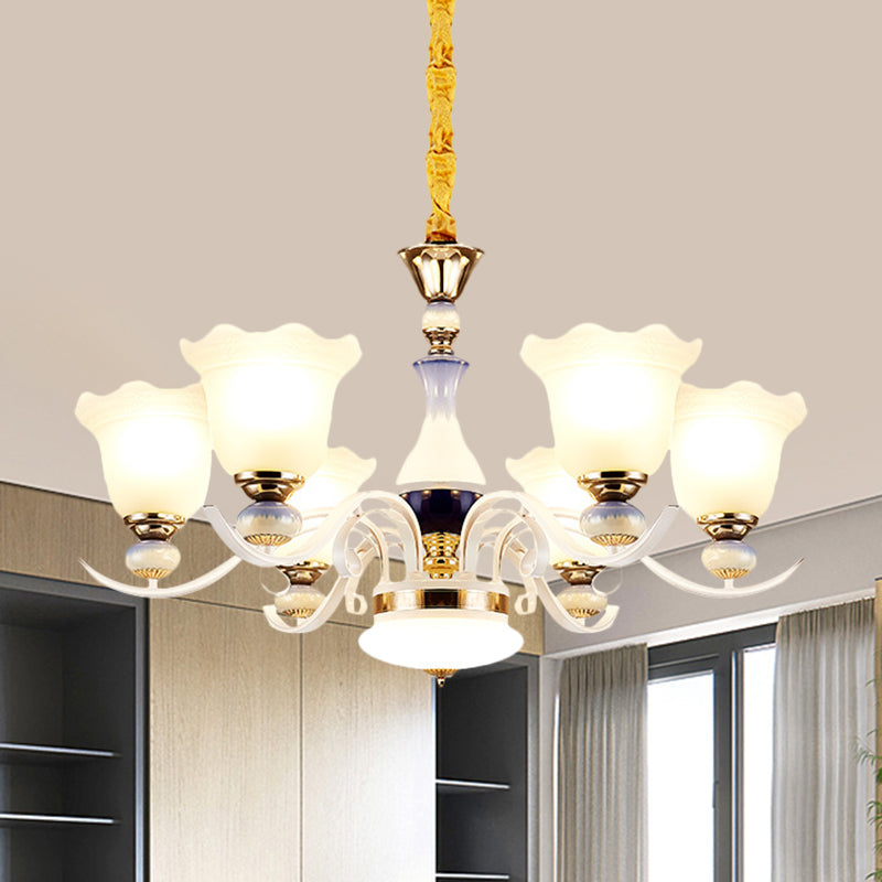 Bloom Pendant Chandelier - Antiqued Frosted Glass White Suspension Lamp With Curvy Arms 3/6 Lights