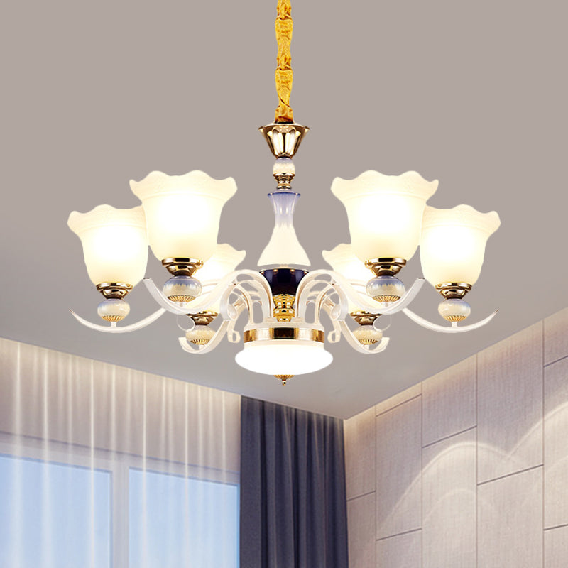 Bloom Pendant Chandelier - Antiqued Frosted Glass White Suspension Lamp With Curvy Arms 3/6 Lights