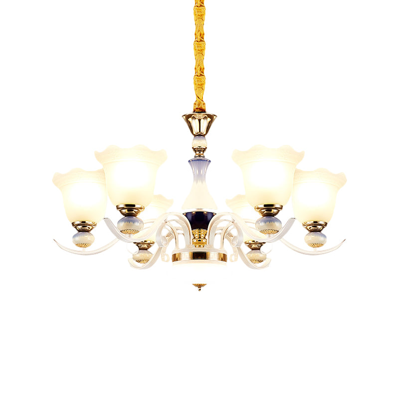 Bloom Pendant Chandelier - Antiqued Frosted Glass White Suspension Lamp With Curvy Arms 3/6 Lights