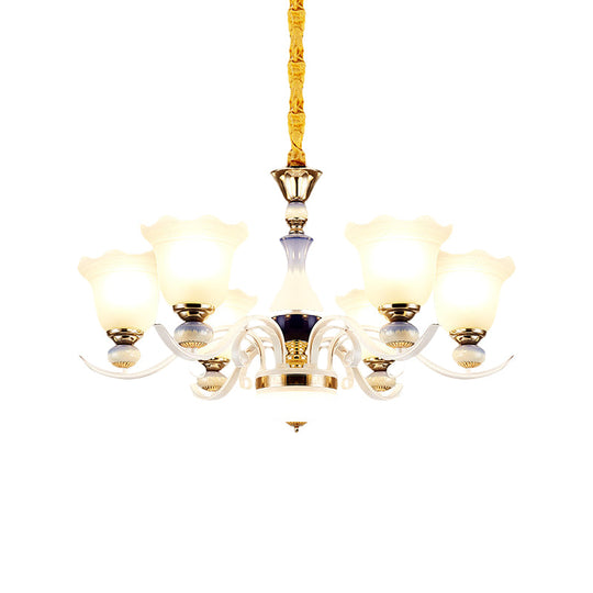 Bloom Pendant Chandelier - Antiqued Frosted Glass White Suspension Lamp With Curvy Arms 3/6 Lights