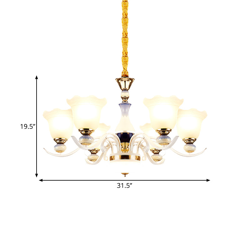 Bloom Pendant Chandelier - Antiqued Frosted Glass White Suspension Lamp With Curvy Arms 3/6 Lights