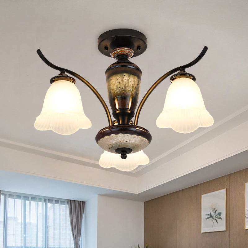 Black Country Flower Semi Flush Mount Ceiling Light With Opal Ribbed Glass - 3/6/8 Heads