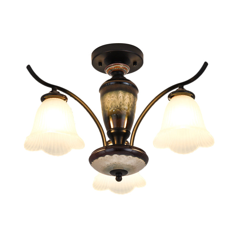 Black Country Flower Semi Flush Mount Ceiling Light With Opal Ribbed Glass - 3/6/8 Heads