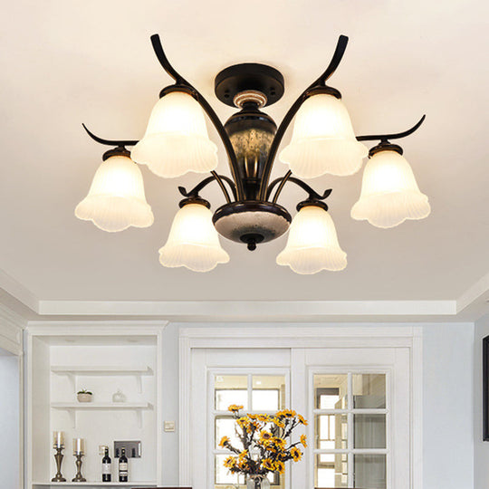 Black Country Flower Semi Flush Mount Ceiling Light With Opal Ribbed Glass - 3/6/8 Heads 6 /