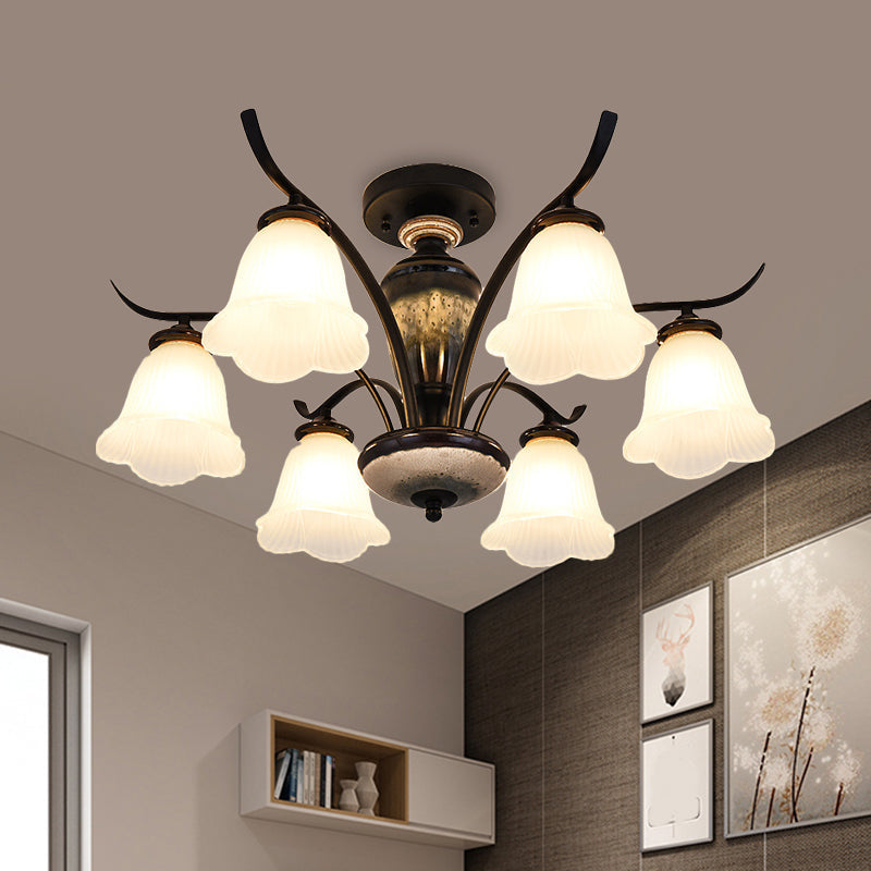 Black Country Flower Semi Flush Mount Ceiling Light With Opal Ribbed Glass - 3/6/8 Heads