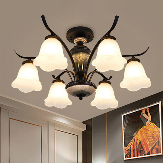 Black Country Flower Semi Flush Mount Ceiling Light With Opal Ribbed Glass - 3/6/8 Heads