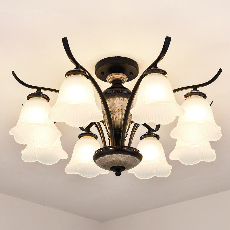 Black Country Flower Semi Flush Mount Ceiling Light With Opal Ribbed Glass - 3/6/8 Heads