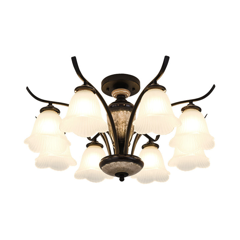 Black Country Flower Semi Flush Mount Ceiling Light With Opal Ribbed Glass - 3/6/8 Heads