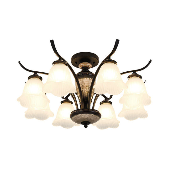 Black Country Flower Semi Flush Mount Ceiling Light With Opal Ribbed Glass - 3/6/8 Heads