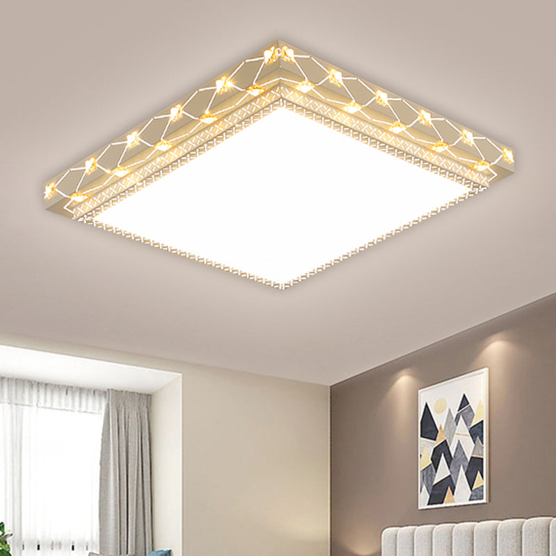 Contemporary Led Ceiling Flush Mount In White With Beveled Crystal Deco