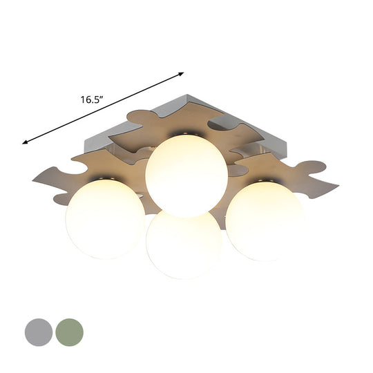 Modern White Glass Semi Flush Mount with Jigsaw Puzzle Decor - 4-Bulb Flush Light in Grey/Green