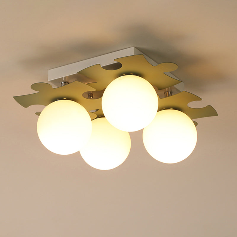 Modern White Glass Semi Flush Mount with Jigsaw Puzzle Decor - 4-Bulb Flush Light in Grey/Green