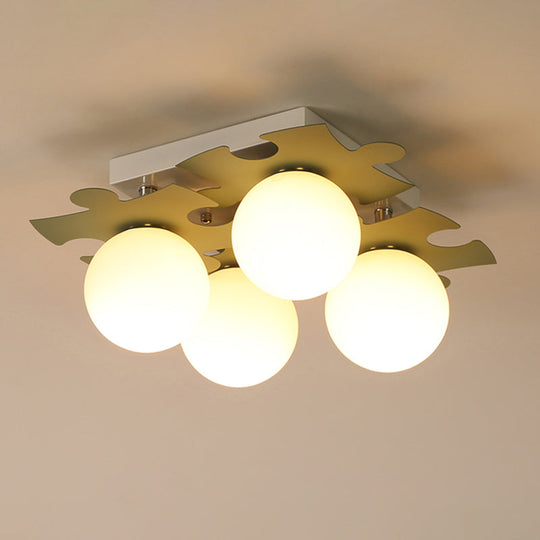 Modern White Glass Semi Flush Mount with Jigsaw Puzzle Decor - 4-Bulb Flush Light in Grey/Green