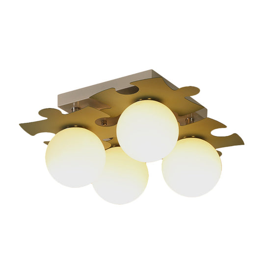 Modern White Glass Semi Flush Mount with Jigsaw Puzzle Decor - 4-Bulb Flush Light in Grey/Green