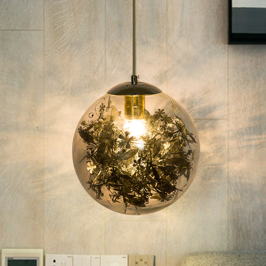 Modern Globe Pendant Light With Clear Glass And Inner Leaf Design In Silver/Gold For Bedroom Silver