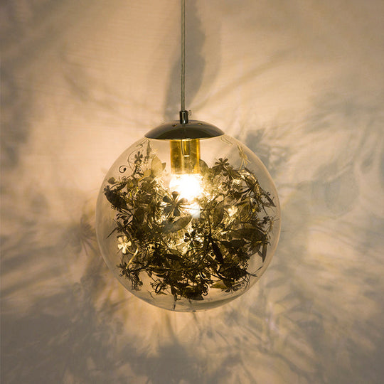 Modern Globe Pendant Light With Clear Glass And Inner Leaf Design In Silver/Gold For Bedroom