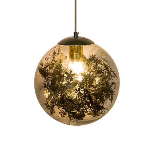 Modern Globe Pendant Light With Clear Glass And Inner Leaf Design In Silver/Gold For Bedroom