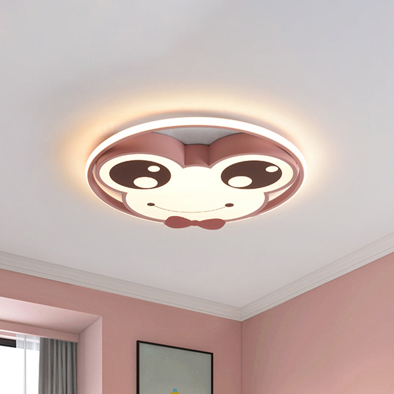 Kids Room Ceiling Mounted Led Flush Light: Big Eye Frog Metal Cartoon Design In Pink/Yellow/Blue