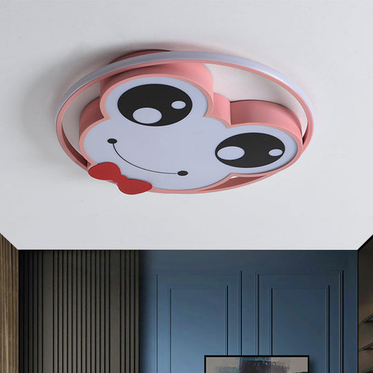 Kids Room Ceiling Mounted Led Flush Light: Big Eye Frog Metal Cartoon Design In Pink/Yellow/Blue