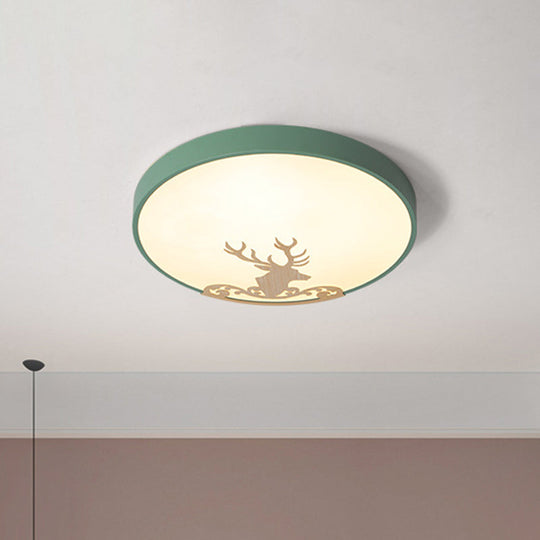 Green Led Ceiling Light: Modern Round Acrylic Flush Mount With Deer Pattern