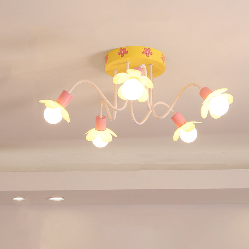 Yellow Flower Children Flush Mount Chandelier - Contemporary Semi Ceiling Light With 5 Metal Bulbs