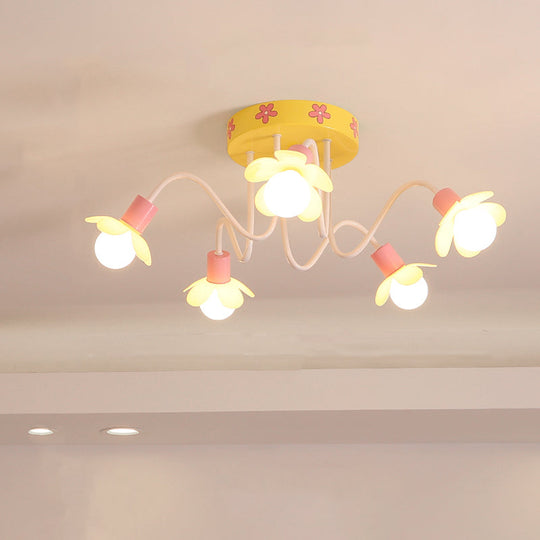 Yellow Flower Children Flush Mount Chandelier - Contemporary Semi Ceiling Light With 5 Metal Bulbs