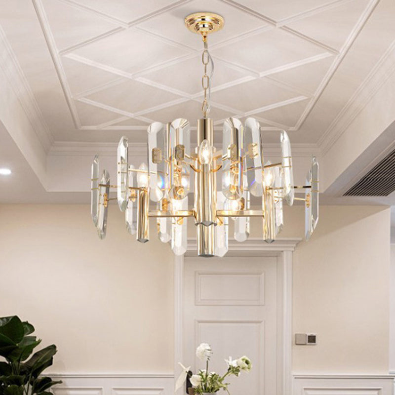 Contemporary Gold Radial Ceiling Pendant With Crystal Panel - 8-Light Chandelier