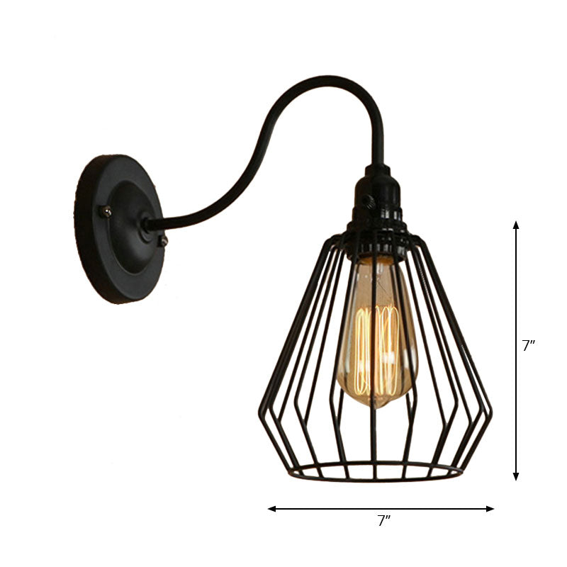 Industrial 1-Head Black Gooseneck Wall Light With Cage Shade For Living Room