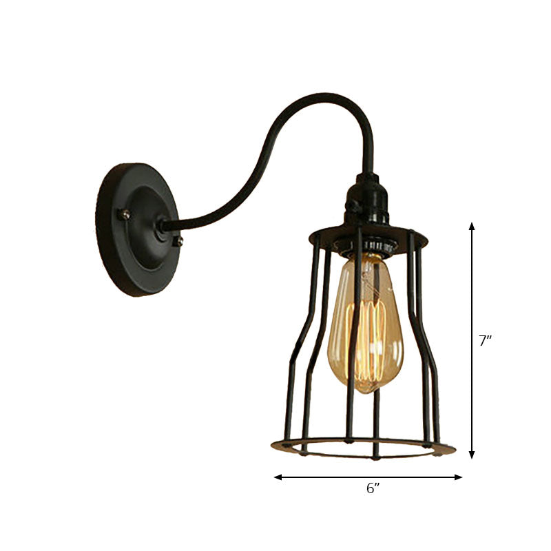 Industrial 1-Head Black Gooseneck Wall Light With Cage Shade For Living Room