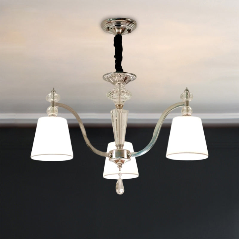 Modern Fabric Chandelier Light Fixture with Crystal Drop - Conic Design, Chrome Suspension, 3/6 Heads