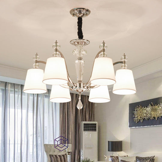 Modern Fabric Chandelier Light Fixture with Crystal Drop - Conic Design, Chrome Suspension, 3/6 Heads