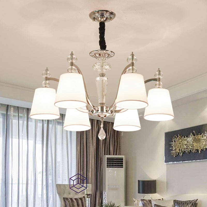 Modern Fabric Chandelier Light Fixture With Crystal Drop: Conic Design Chrome Suspension Pendant 3/6