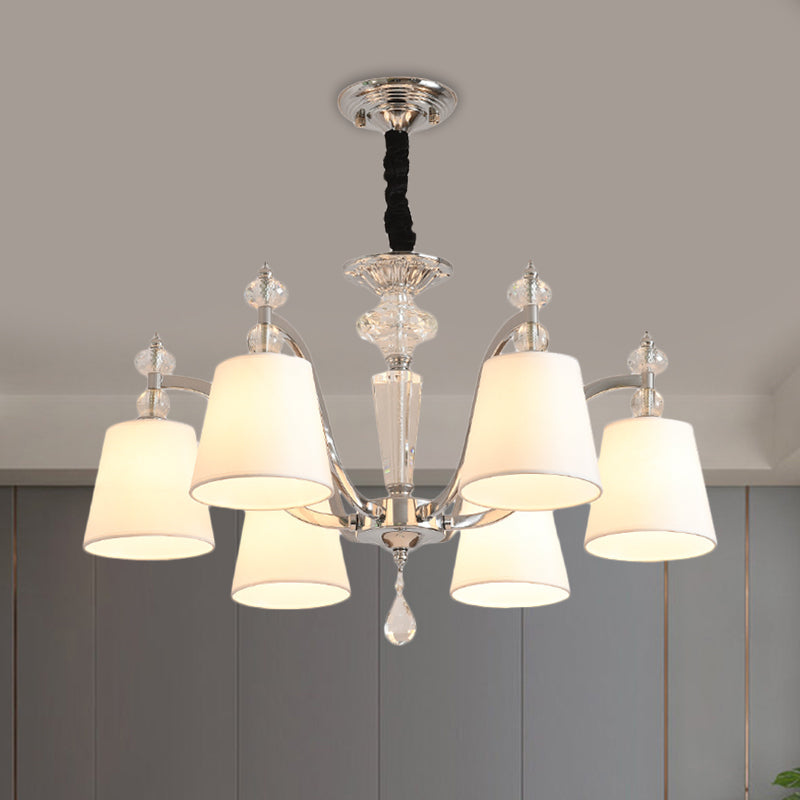 Modern Fabric Chandelier Light Fixture with Crystal Drop - Conic Design, Chrome Suspension, 3/6 Heads