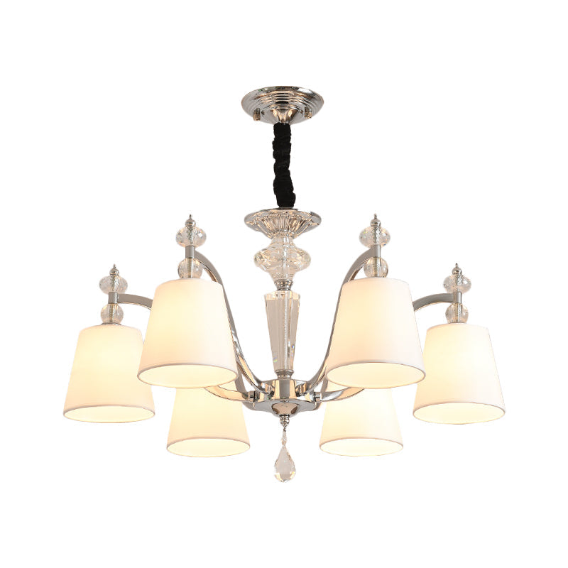 Modern Fabric Chandelier Light Fixture with Crystal Drop - Conic Design, Chrome Suspension, 3/6 Heads