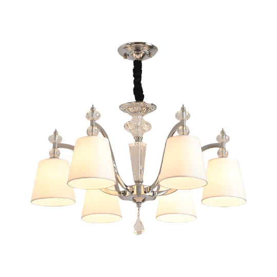 Modern Fabric Chandelier Light Fixture with Crystal Drop - Conic Design, Chrome Suspension, 3/6 Heads