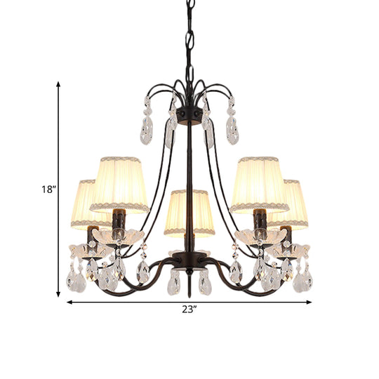 Black Modernist Cone Hanging Chandelier - Fabric 5/6/8 Bulbs - Restaurant Down Lighting with Crystal Drops