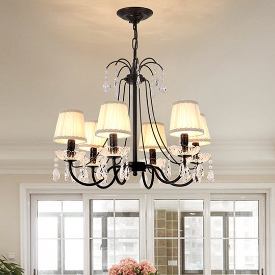 Black Modernist Cone Hanging Chandelier - Fabric 5/6/8 Bulbs - Restaurant Down Lighting with Crystal Drops