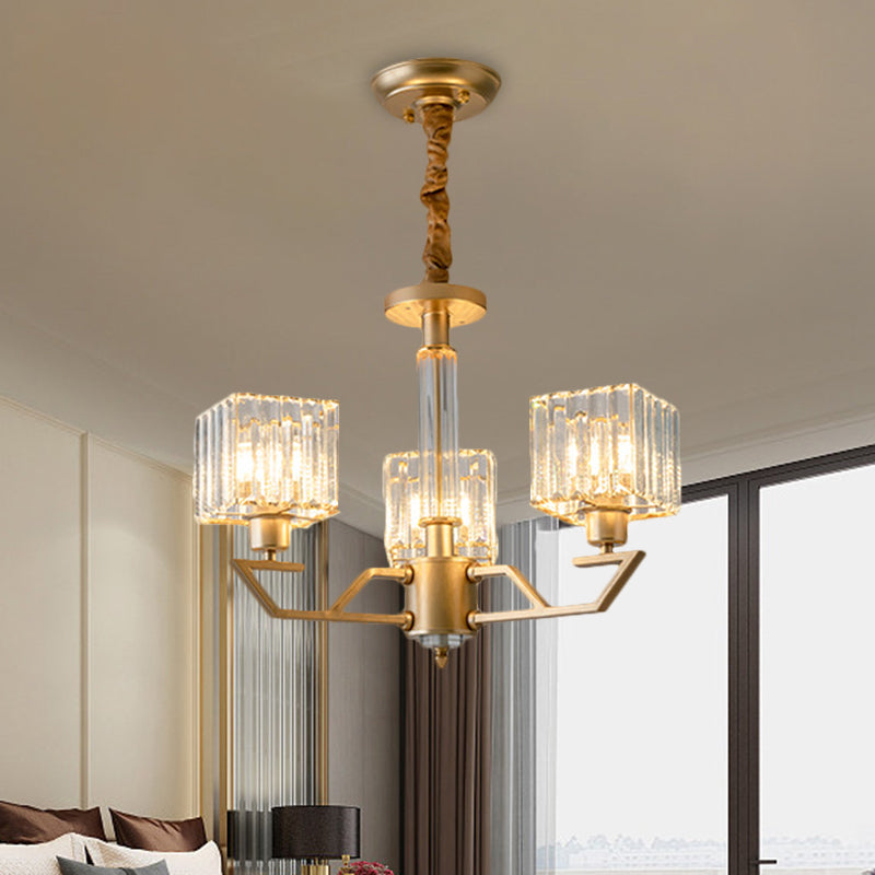 Minimalist Gold Chandelier With Clear Crystal Prisms - 3/6 Light Suspended Fixture